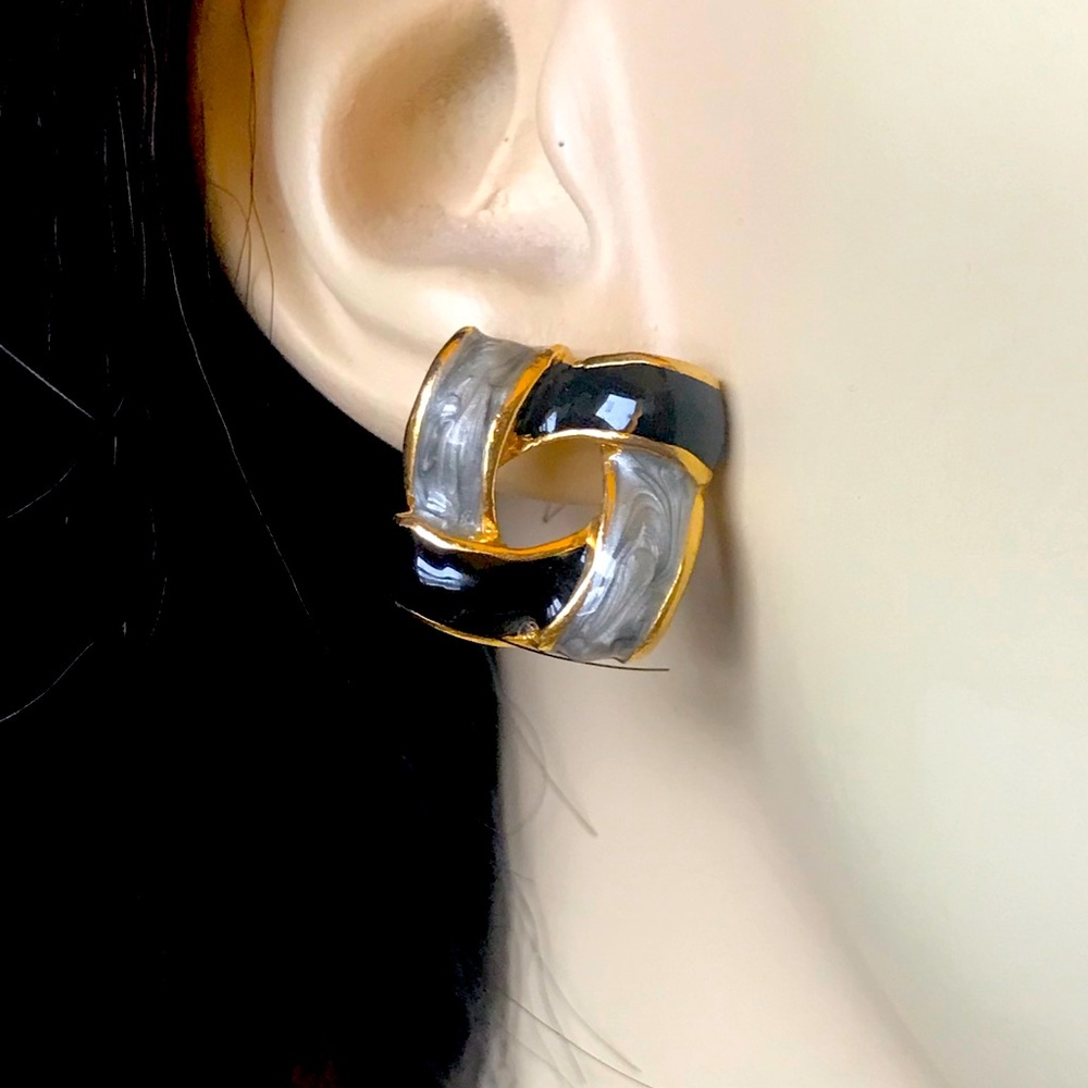 Classic Black & Gray Enamel on Gold tone Earrings